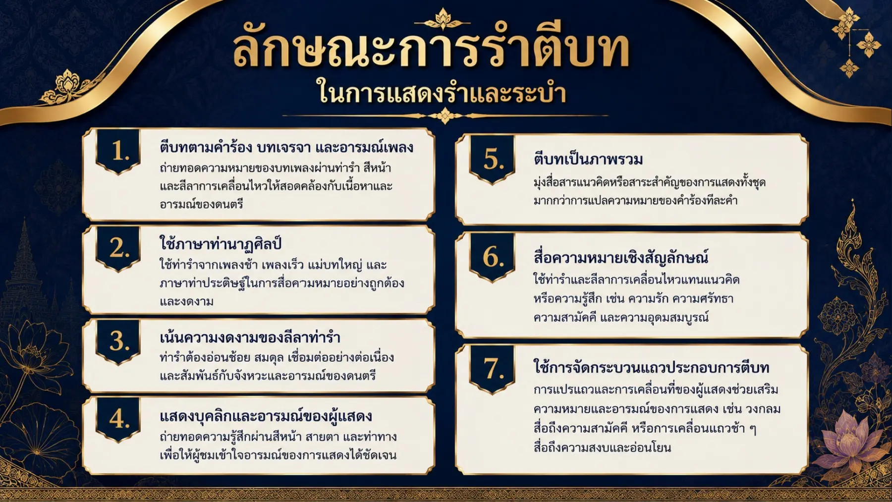 ลักษณะการรำตีบทในการแสดงรำและระบำ 7 ประการ